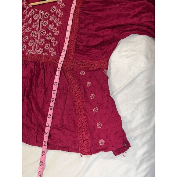 LIV Los Angeles Burgundy Elastic Sleeve Embroidered Boho Blouse Women's Size 2X - Picture 8 of 9